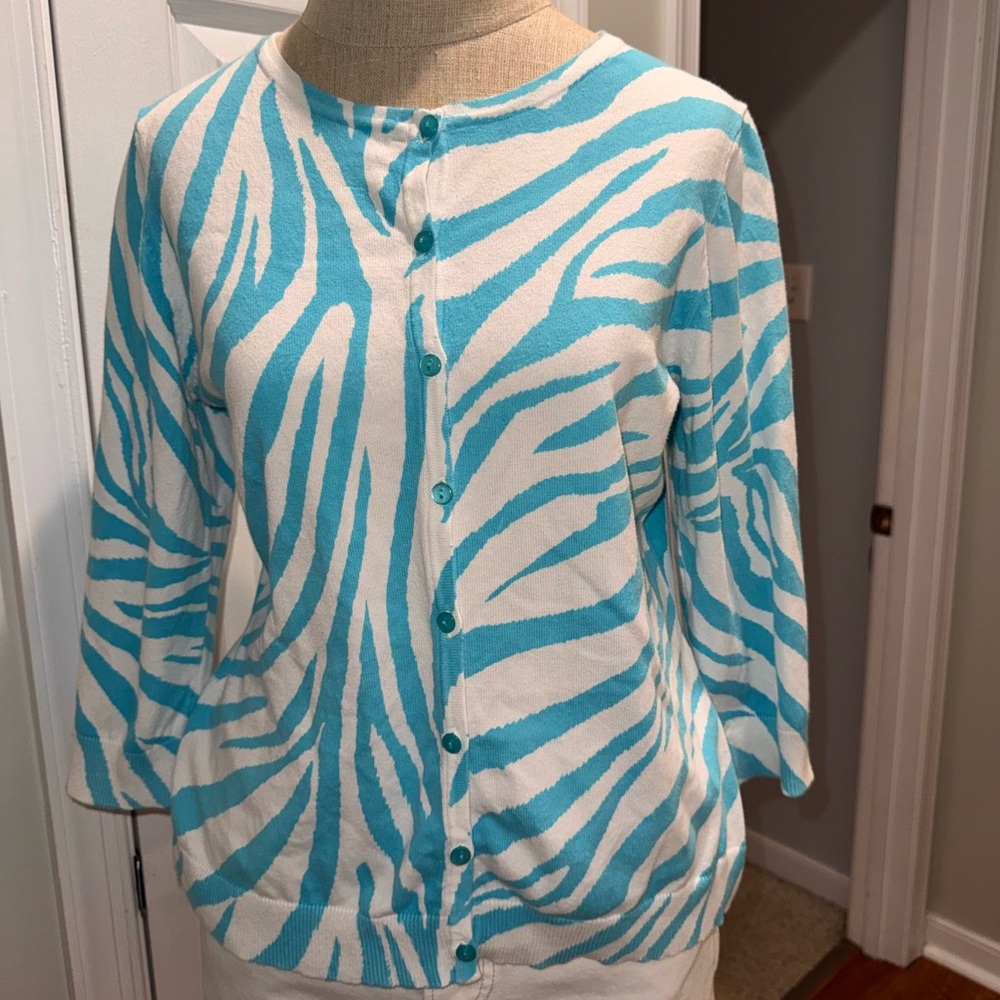 Allison Brittney Y2K 90s Blue and White zebra print sweater Cardigan large